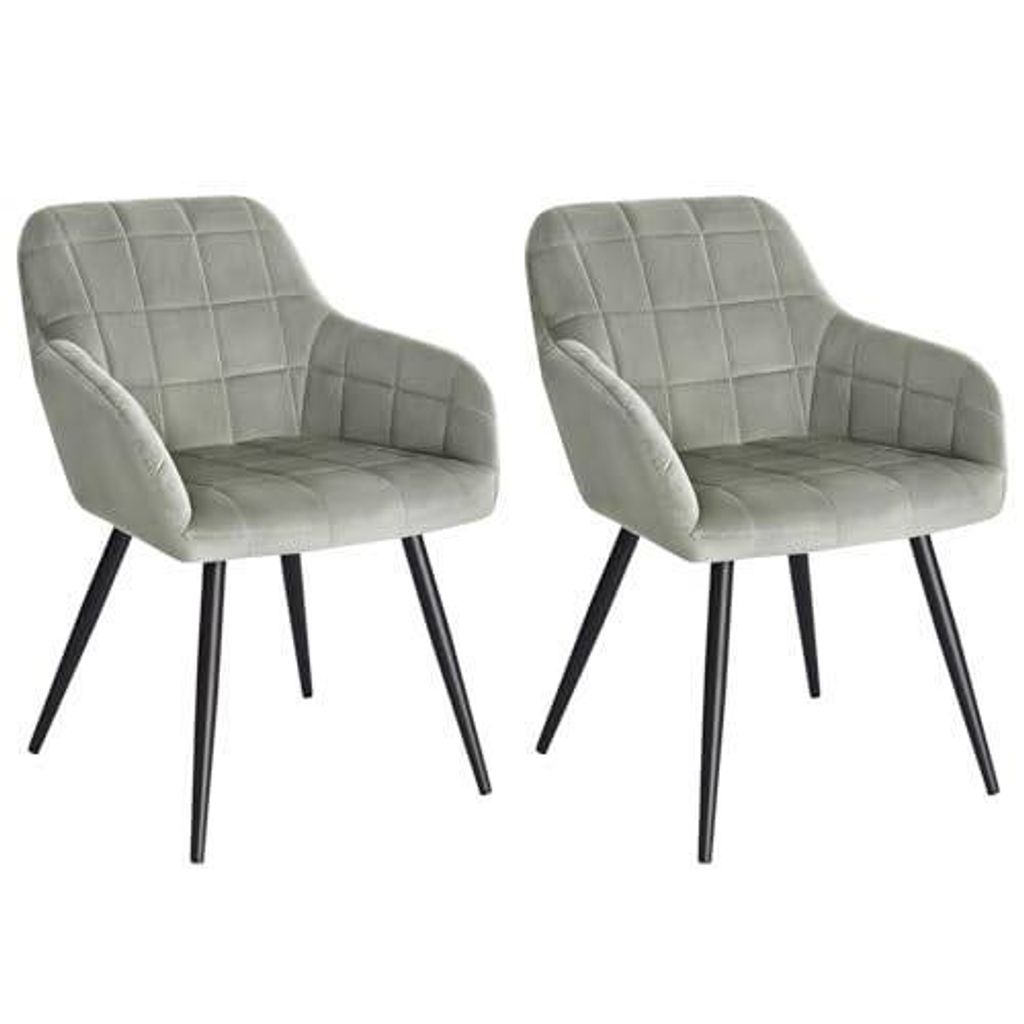 Two gray upholstered chairs with black metal legs on a white background.