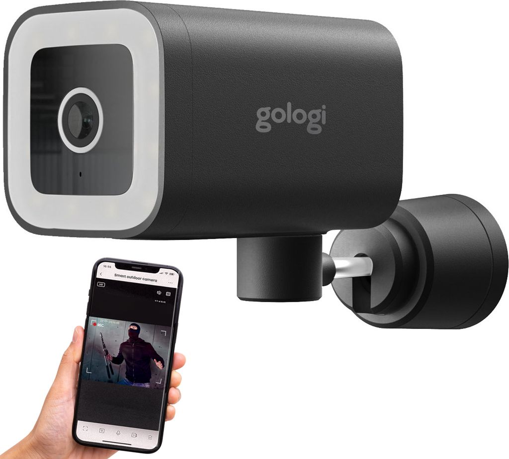A security camera and a smartphone displaying a live feed from the camera.