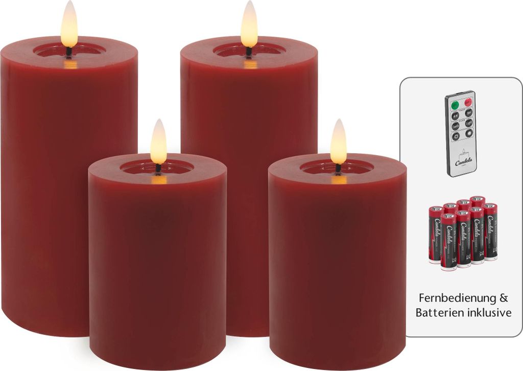 Candela Lights LED Kerzen 4er Set Winter cream glatt Echtwachs inklusive Fernbedienung und 8 Batterien Timer Funktion & mehrstufig dimmbar flammenl...