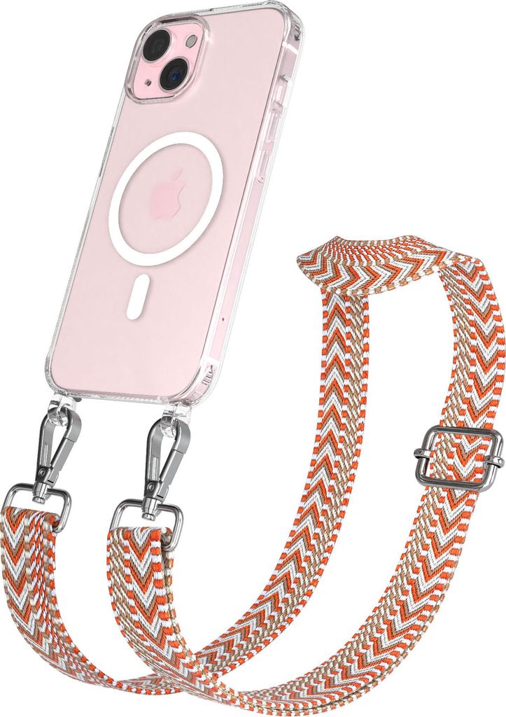EAZY CASE - Handykette mit MagSafe Hülle für Apple iPhone 15, Handyband ZigZag Style,Karabiner Silber, Umhängeband in Beige