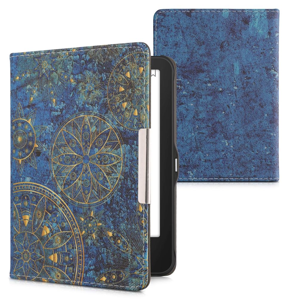 kwmobile Schutzhülle für Tolino Vision 1 / 2 / 3 / 4 HD Hülle - eReader Flip Case mit Auto Sleep Funktion - Mandala mit Gelb Dunkelblau
