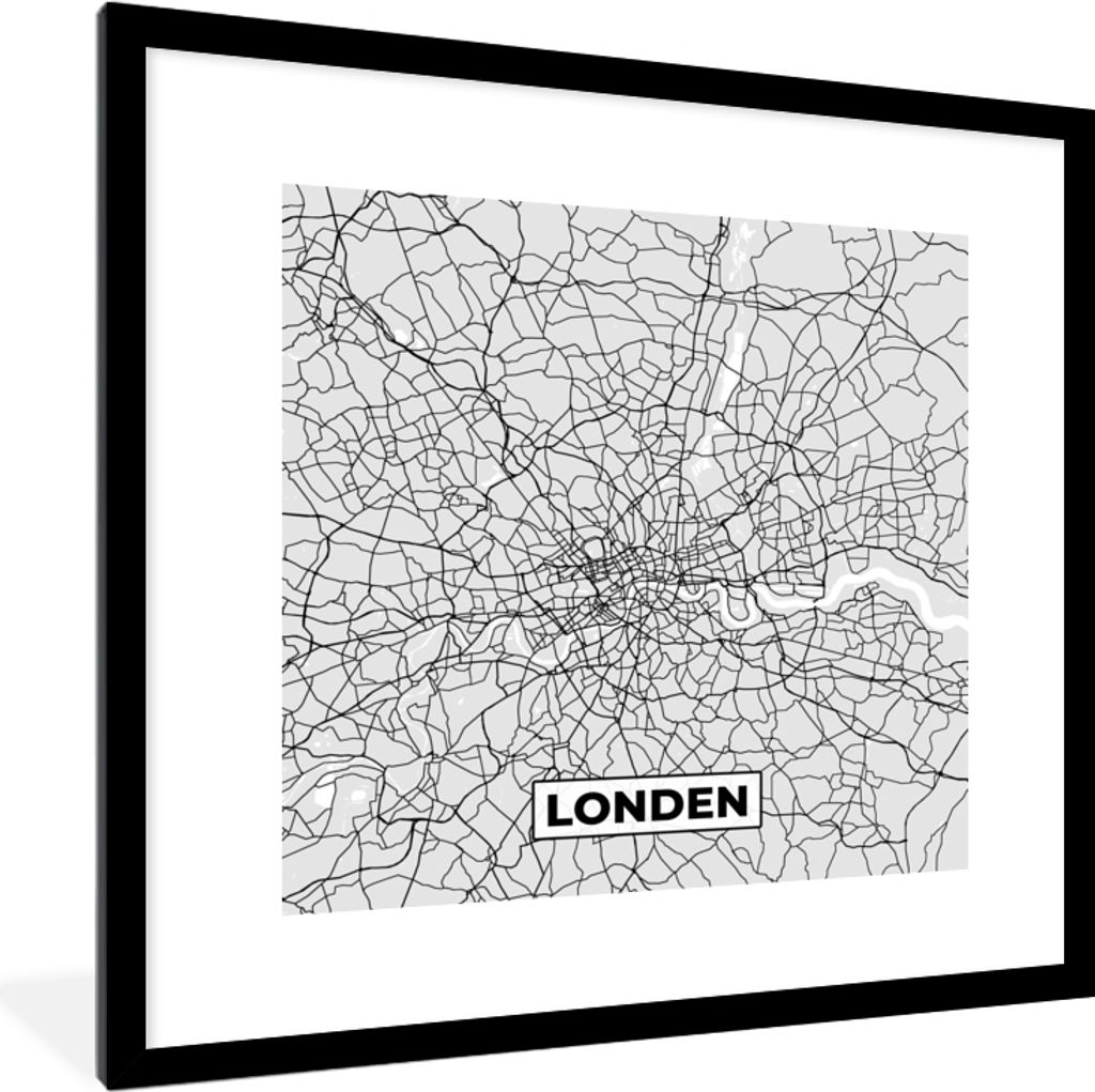 MuchoWow Gerahmtes Poster London - Stadtplan - Schwarz und Weiß - Karte 40x40 cm - Poster mit Schwarzem Bilderrahmen Wandposter Rahmen Foto Bild...