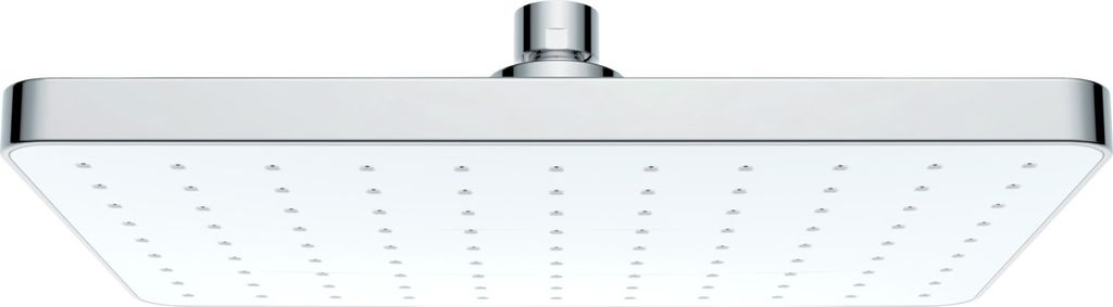 A square shower head with a silver frame and a white face with multiple small holes for water to pass through. It is mounted on a silver connector at the top.