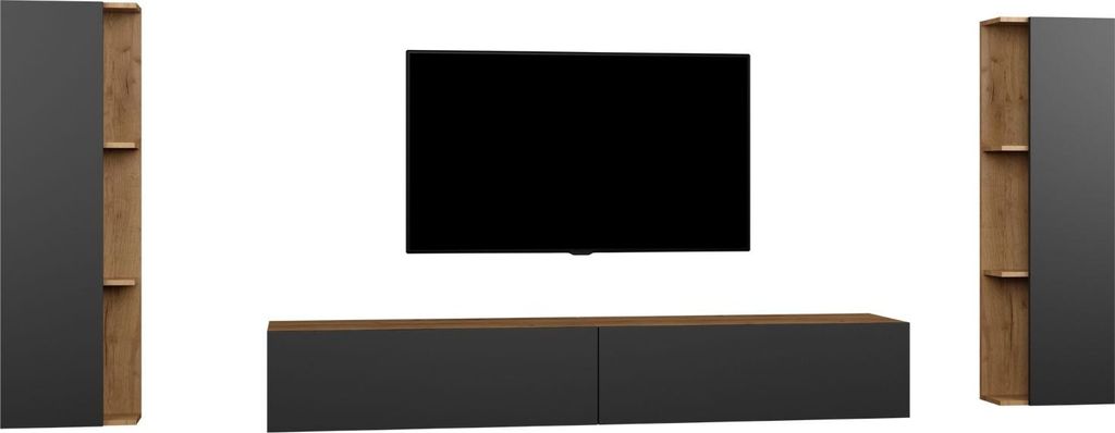 Planetmöbel Fernsehtisch 200 cm lang & 2X TV-Schrank 40 cm hängend Gold Eiche / Anthrazit