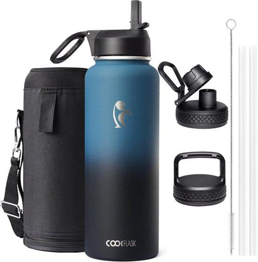 Isolierte Trinkflasche 1180ml mit Grasfederdichtung und 3 Verschlussdeckeln, robuste Wasserdose aus Metall für Outdoor oder Büroumgebung, doppelt...
