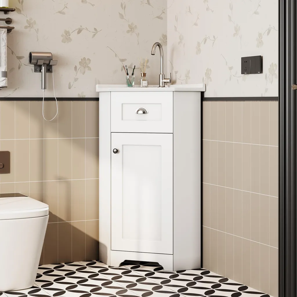 Meuble sous-vasque d'angle gain de place pour optimiser l'espace