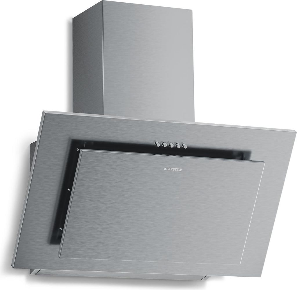 A stainless steel range hood is shown against a white background.