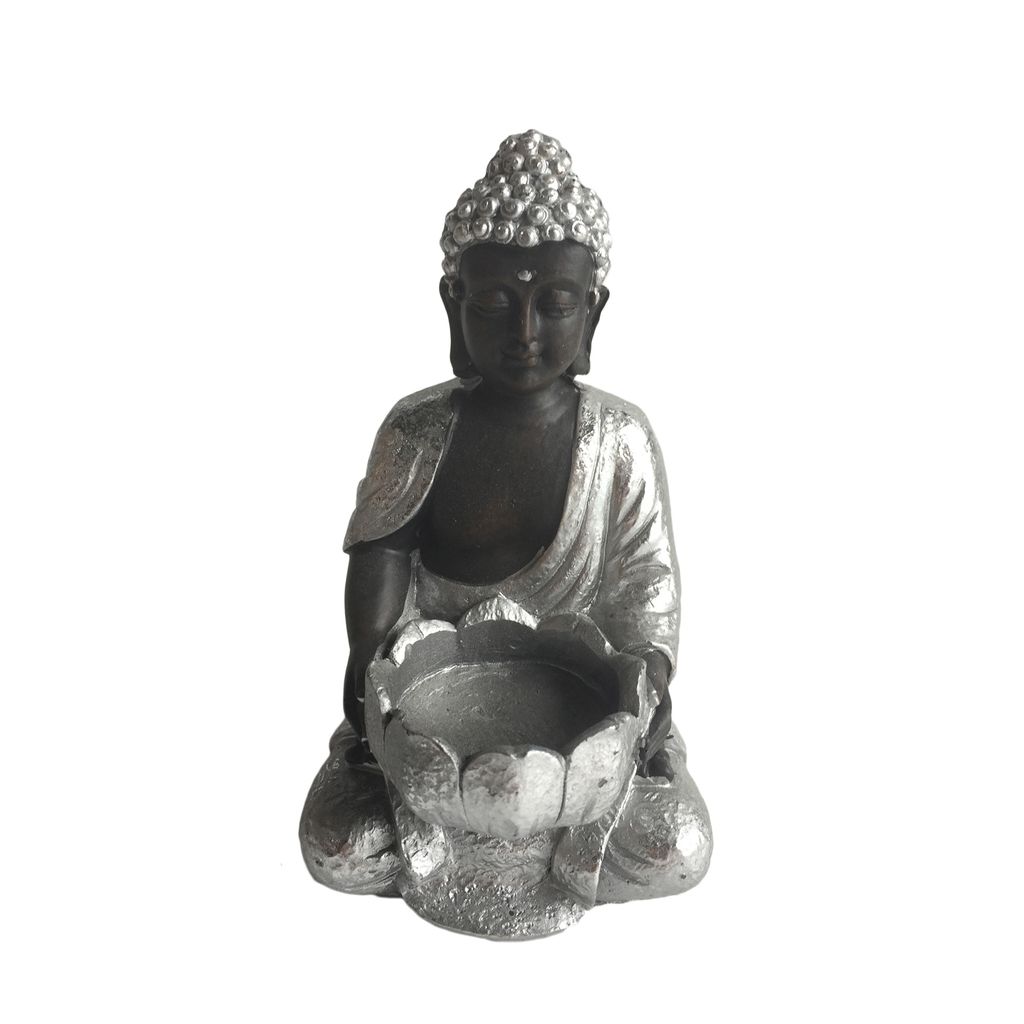 Buddha grau Teelichthalter sitzend Statue Feng shui Kunststoff Teelicht