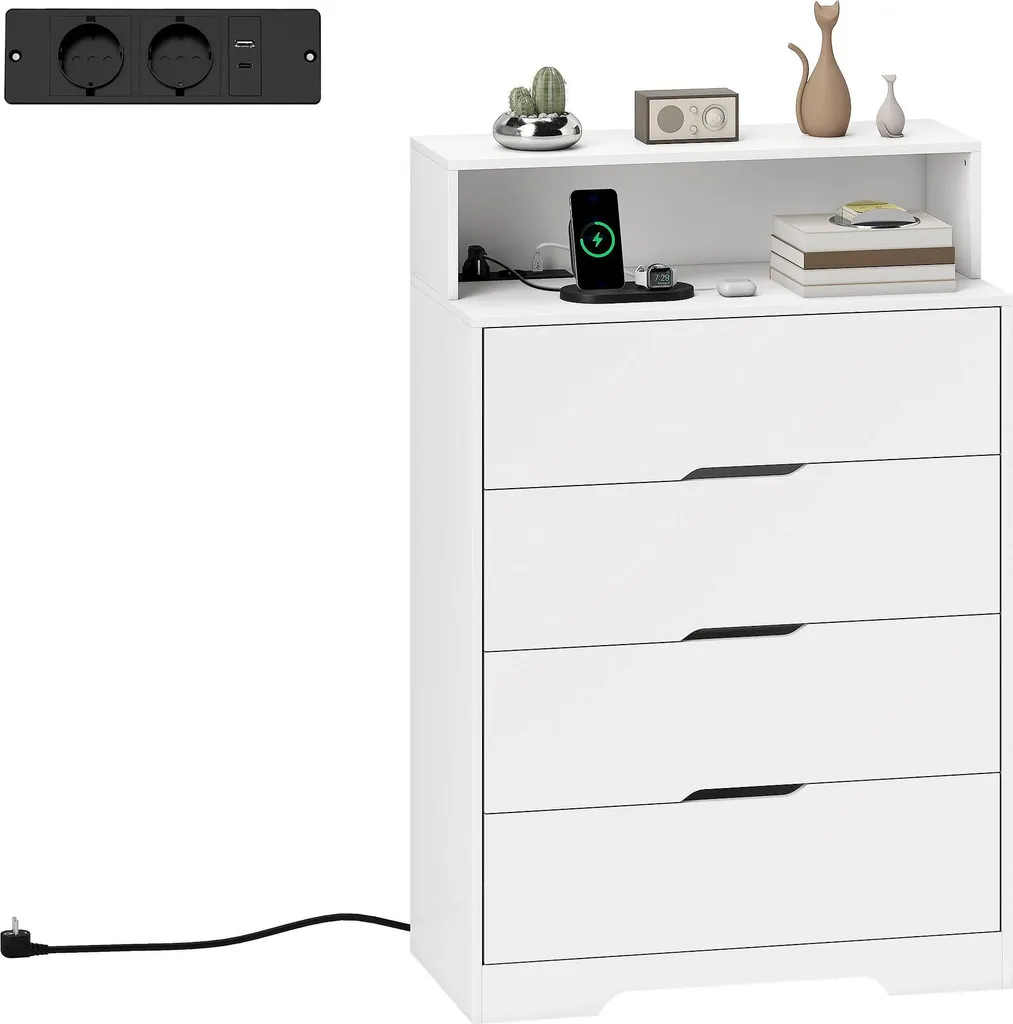 Meuble de rangement 120cm pour chambre avec prises USB et USB-C blanches