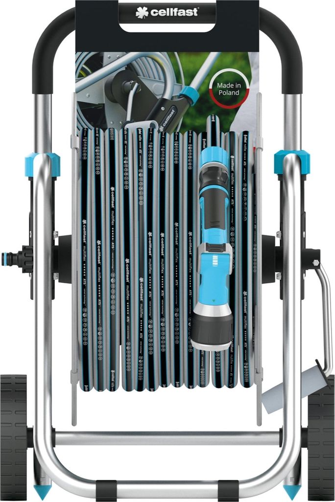 A garden hose reel with a hose and spray nozzle attached, presented on a white background.