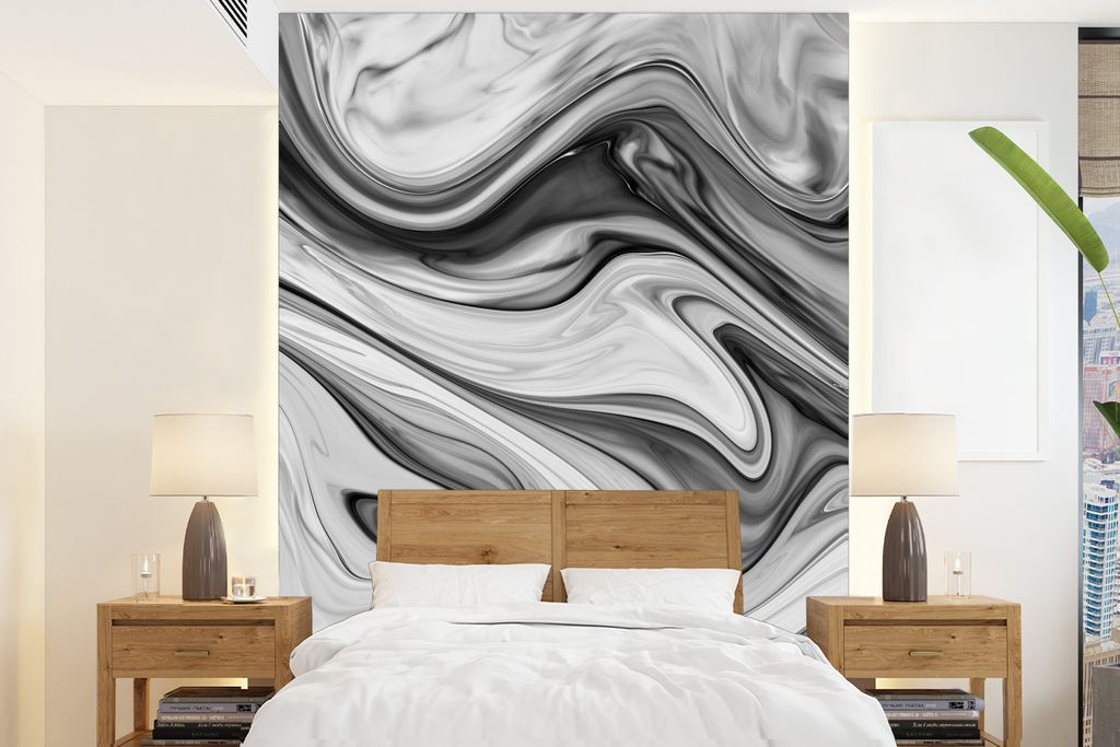 MuchoWow Fototapete für Wohnzimmer oder Schlafzimmer Wandtapete Vinyl Motivtapete Marmor - Muster - Grau - Marmoroptik - Schwarz - 165x220 cm - ...