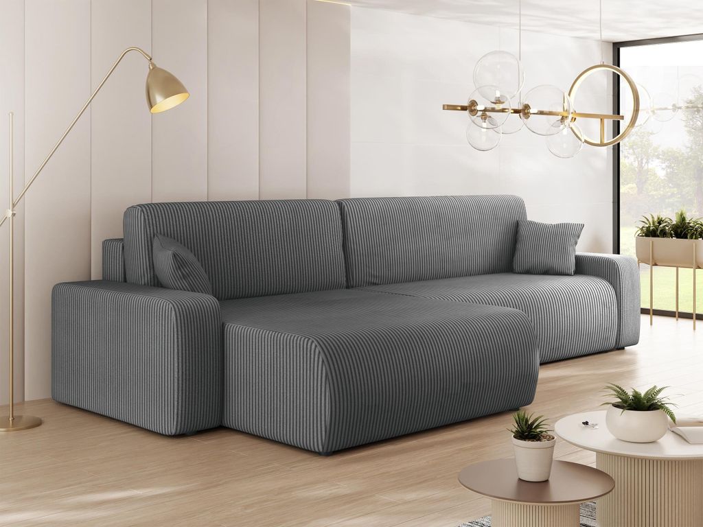 MIRJAN24 Ecksofa Piano L Maxi Cord, Eckouch mit Bettkasten und Schlaffunktion, Schwarze Füße, Wellenfeder, L-Form (Farbe: Poso 22)