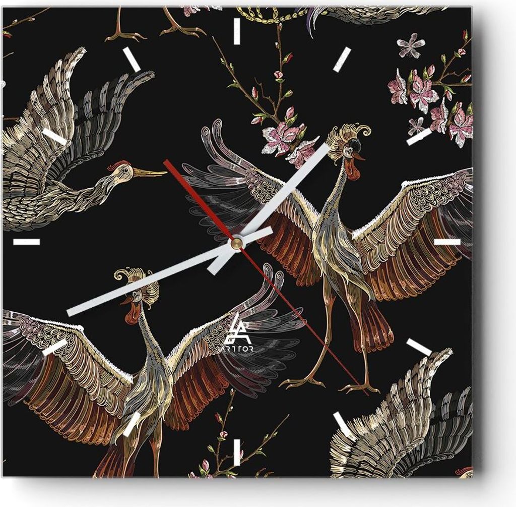 Wanduhr - Quadrat - Glasuhr - Asiatisch Vögel Verziert - 40x40cm - Schleichendes Uhrwerk - Lautlos - zum Aufhängen bereit - Dekoration Modern - W...