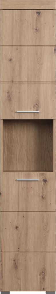 A tall, narrow cabinet with a wood-grain finish and a glass-fronted section.