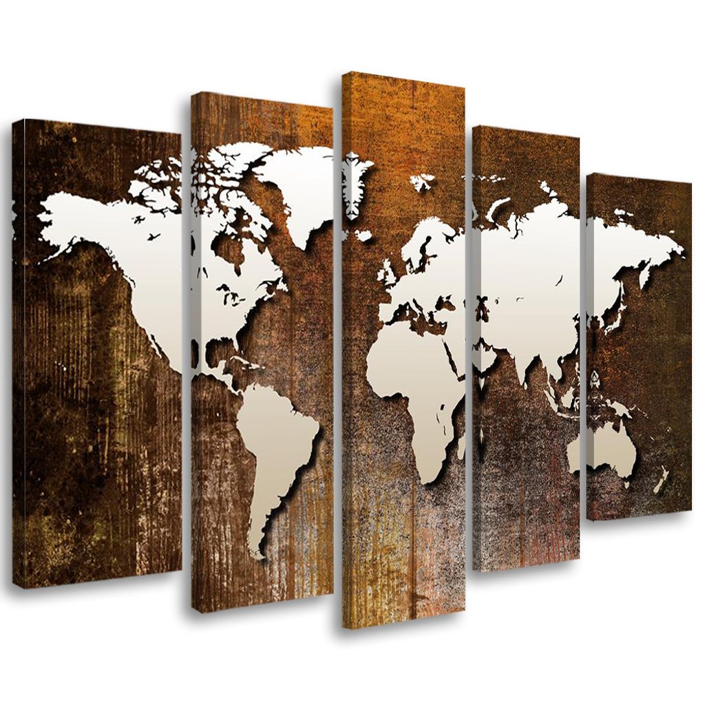 5-teiliges leinwandbild vintage weltkarte 200x100 cm Feeby braun wandbild bereit zum aufhängen