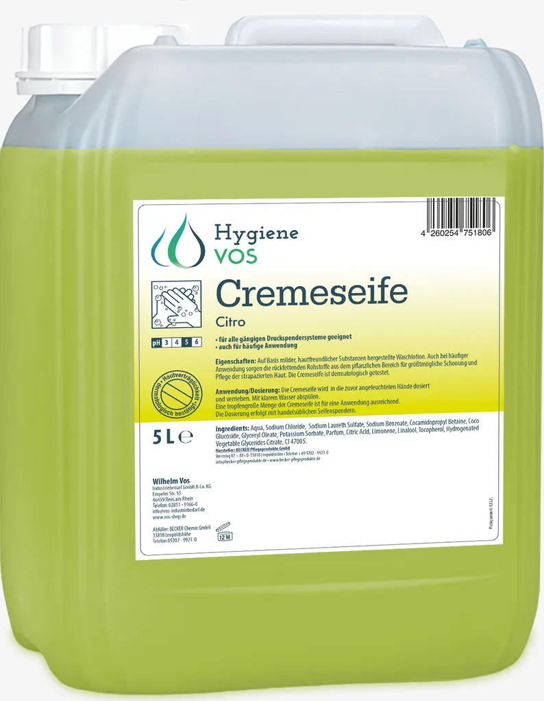 Savon Crème Mains 5L Hygiène Vos - Recharge Grand Format Parfum Citronné