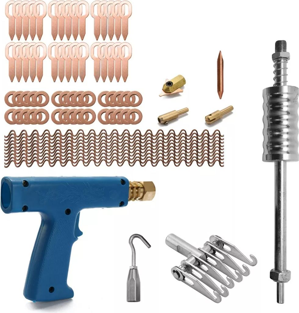 77pcs Stud Welders Dent Repairing Kit Pulling Claw Schrumpfung Schweißen Maschine Slide Hammer Puller gerade Rull Ringe Runde Scheiben Wiggle Drähte