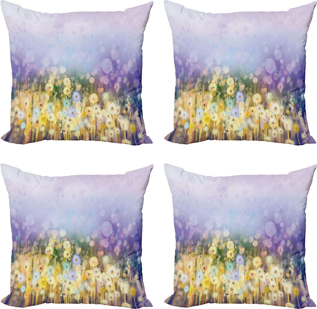 ABAKUHAUS Blume Kissenbezug Set (4 Stück), Idyllische Pastoral Blume, Moderner Doppelseitiger Digitaldruck, 40 cm x 40 cm, gelb Lila
