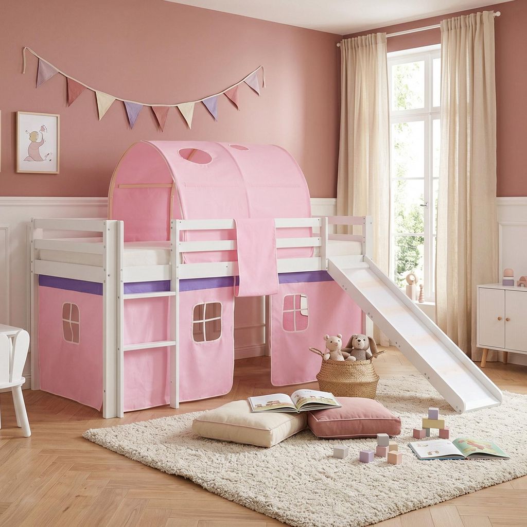Homestyle4u Hochbett 90x200 mit Rutsche Set mit Matratze ® Produktbild 