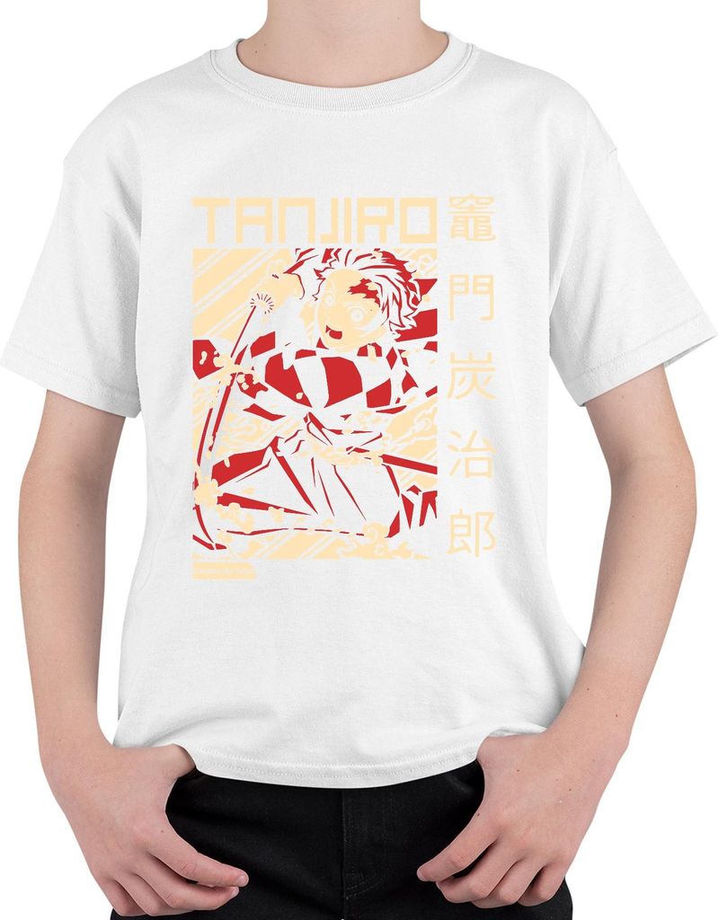 Tanjiro Kimetsu No Yaiba Dämonenjäger Schwert Feuer Geschenk Uni Kinder T-Shirt, Weiß, 128