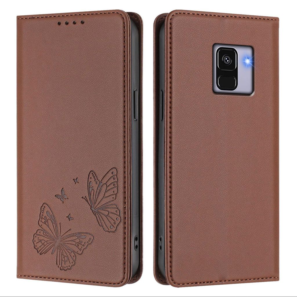 Lederhülle für Samsung Galaxy A8 2018, Schmetterling Prägung Leder Brieftasche Schutzhülle mit Ständer Braun