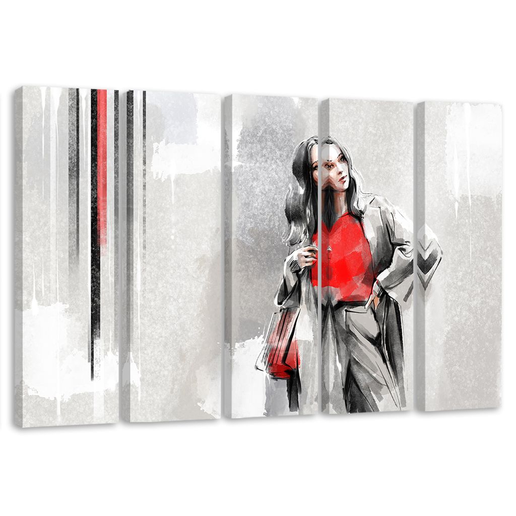 5-teiliges leinwandbild frau im mantel 100x70 cm Feeby beige wandbild bereit zum aufhängen