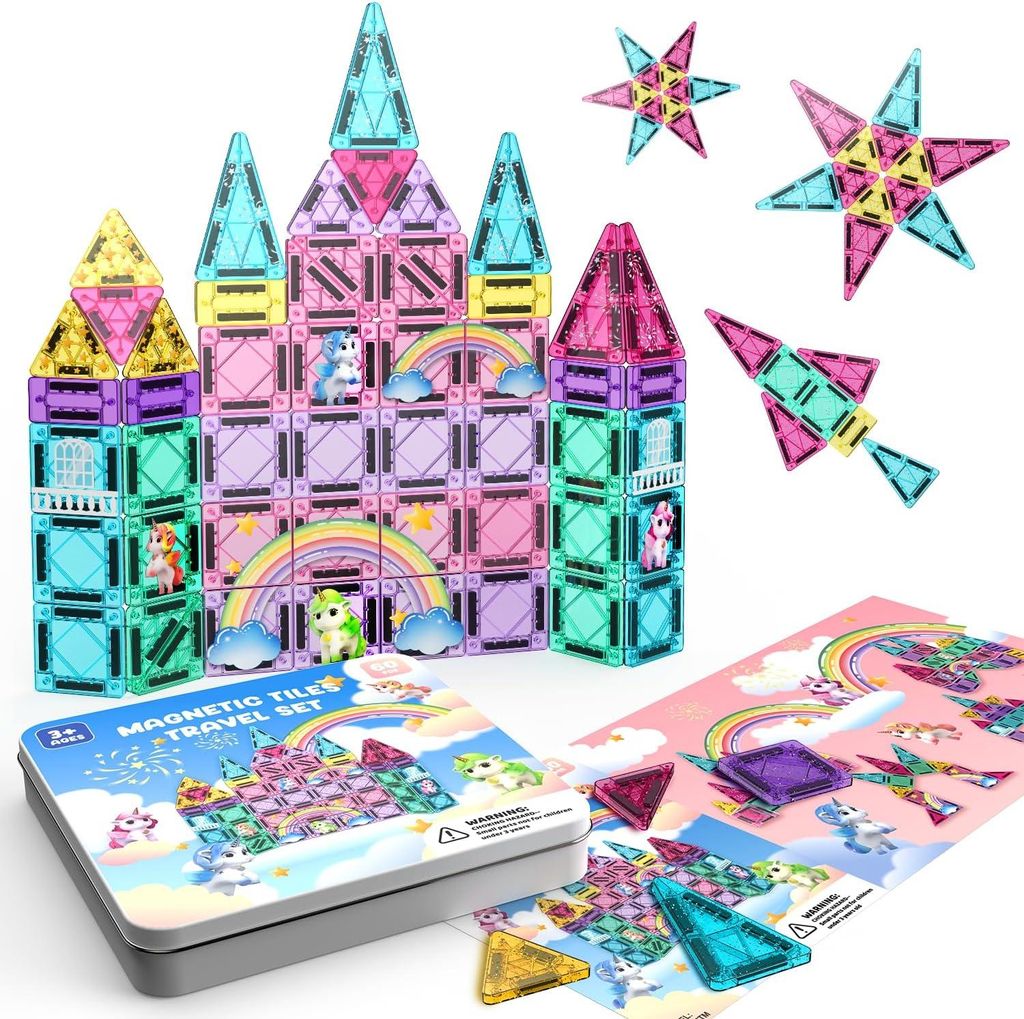 Magnetische Bausteine 60 Teile, Einhorn Magnetspielzeug, Montessori Reiseset Spielzeug Tragbare STEM Bausteine, Mini Magnetische Fliesen für Jungen