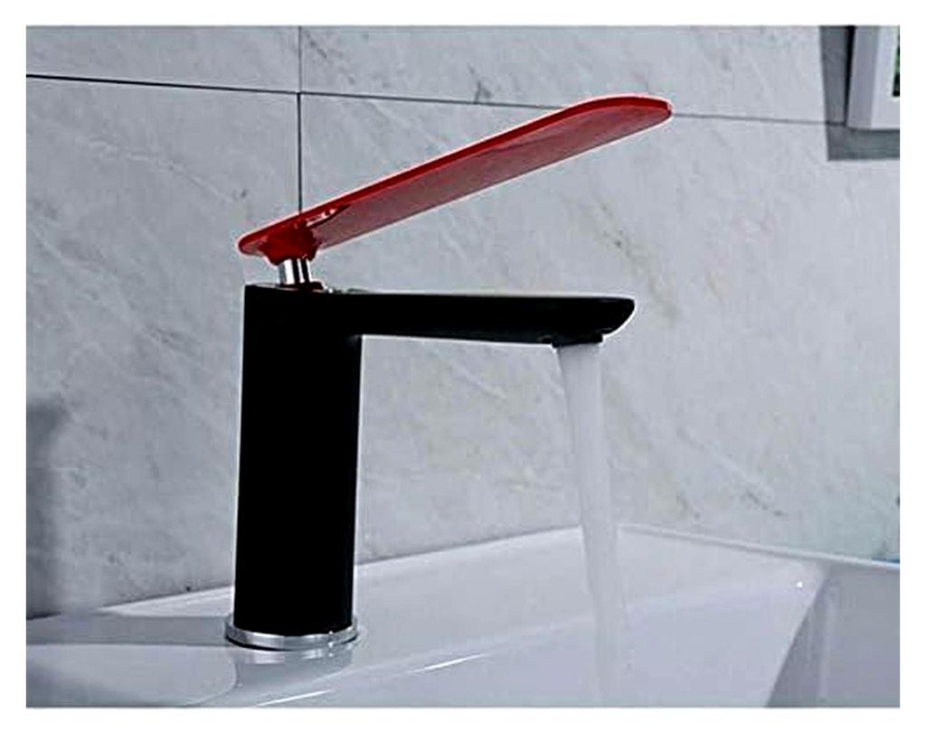 Küchenarmaturen Set, Messingkörper, Badezimmer-Waschtischarmatur mit langem roten Griff, Waschbecken-Wasserhahn, Einhand-Kalt- und Warmwassermischer