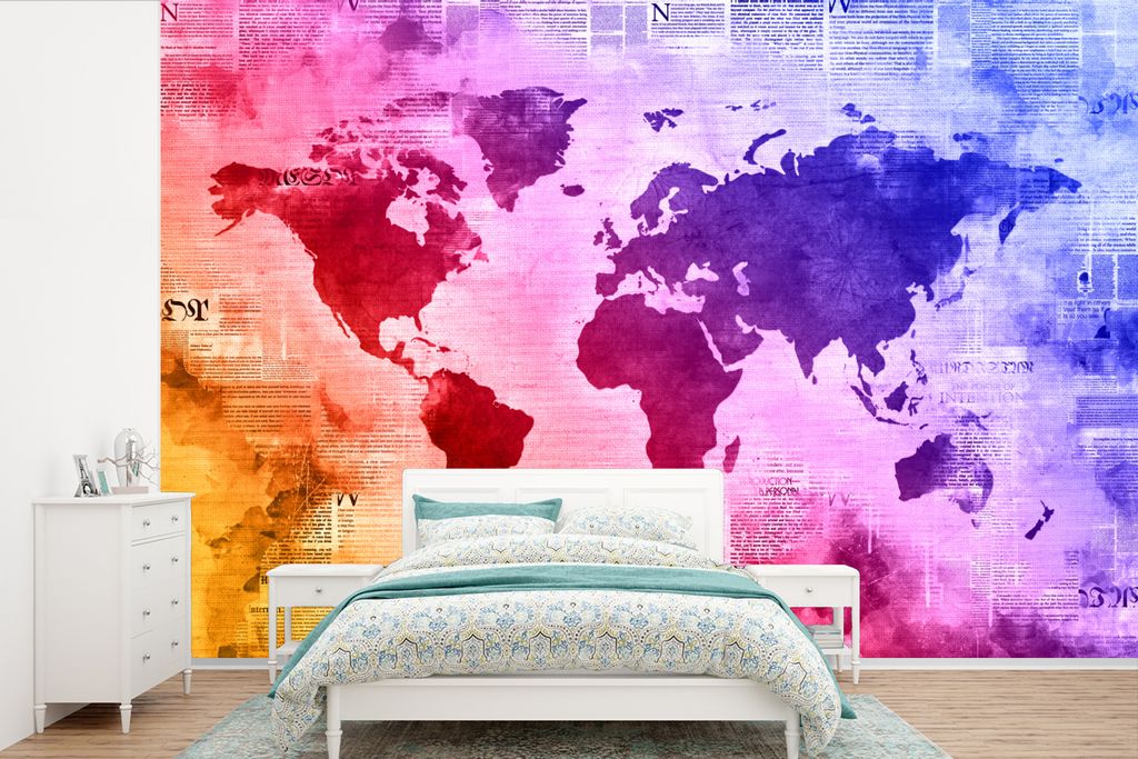 MuchoWow Fototapete für Wohnzimmer oder Schlafzimmer Wandtapete Vinyl Motivtapete Weltkarte - Aquarell - Regenbogen - 525x350 cm - Das Hintergru...