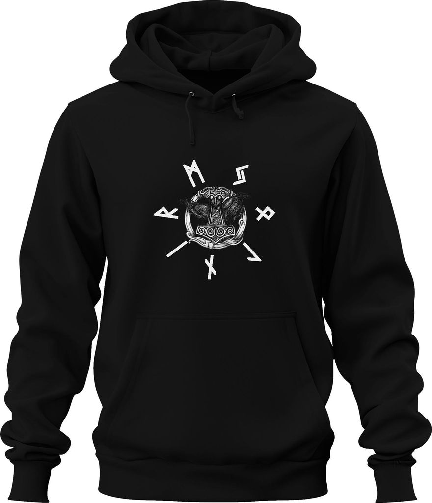 Wikinger Thorhammer Mjölnir Odin Raben nordische Runen Mythologie Uni Hoodie Kapuzenpullover, Schwarz, M