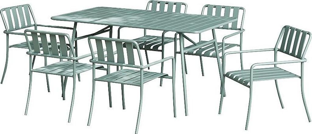 Gartenmöbel-Set aus Metall für den Essbereich: Tisch mit einer Länge von 160 cm und 6 Stühlen – Mandelgrün – BIRMOS der Marke MYLIA