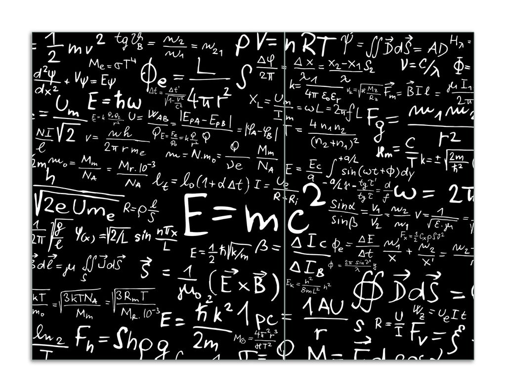 Wallario Herdabdeckplatte aus Glas, Größe 70 x 52 cm 2-teilig, Motiv Mathematische Formeln Relativitätstheorie