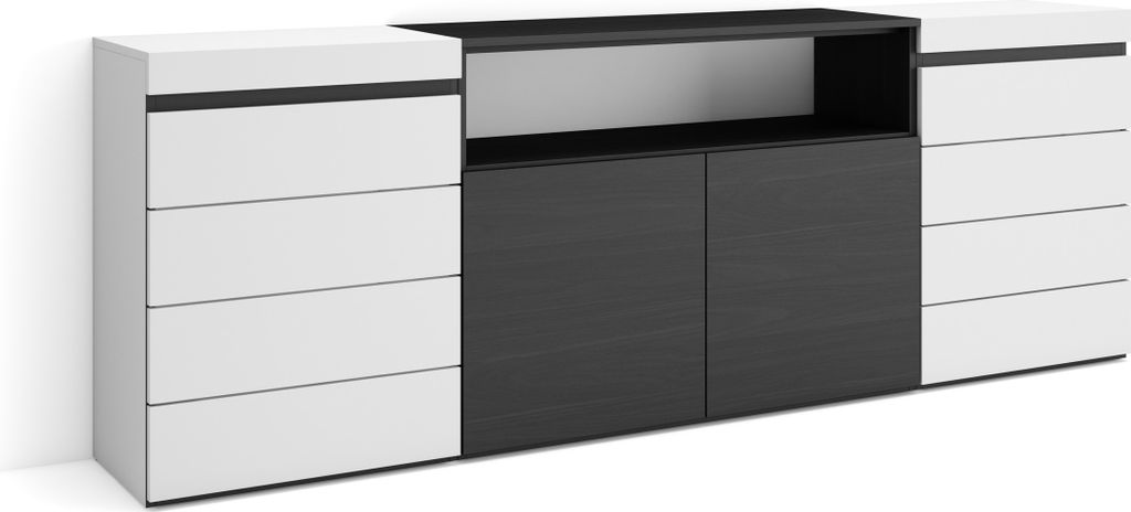 Kommode mit Schubladen, 214x35x75 cm, Für Schlafzimmer, Sideboard, Schrank, Weiß und Schwarz