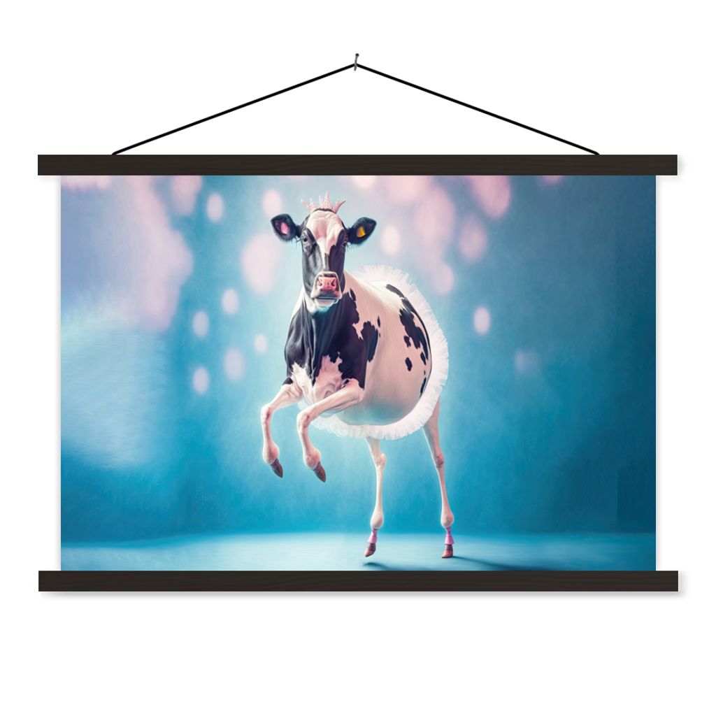 MuchoWow Textilposter Kuh - Krone - Ballett - Blau - Rosa - Kinder 60x40 cm mit schwarzem Rahmen - Hölzernes