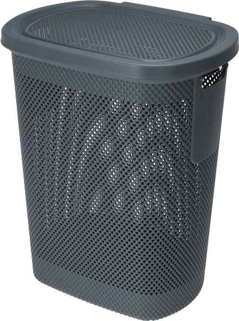 A dark gray laundry basket with a lid, shown against a white background.