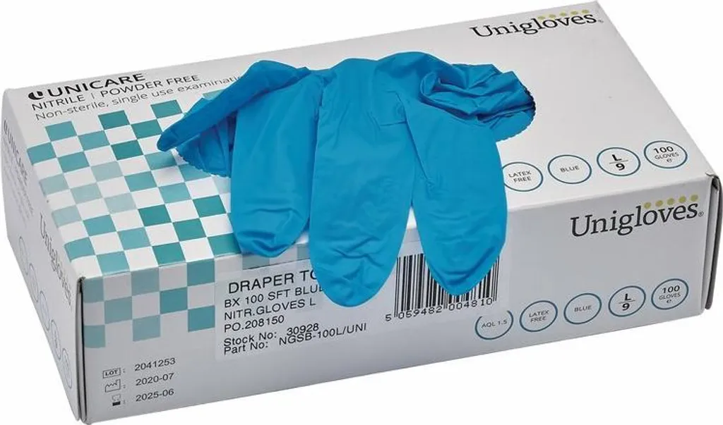 Gants Nitrile Draper Haute Résistance Bleus sans Latex - 100 Pièces Pro