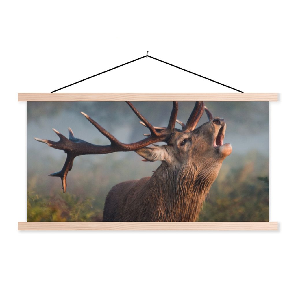 MuchoWow Textilposter Hirsche - Geweihe - Pflanzen - Herbst 120x60 cm mit holzfarbenen Rahmen - Klemmleiste