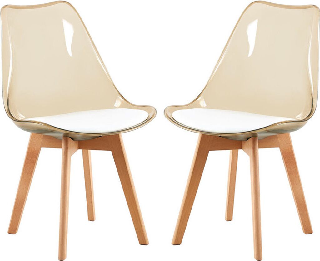 Two modern dining chairs with transparent brown tops and white seats, set against a white background.