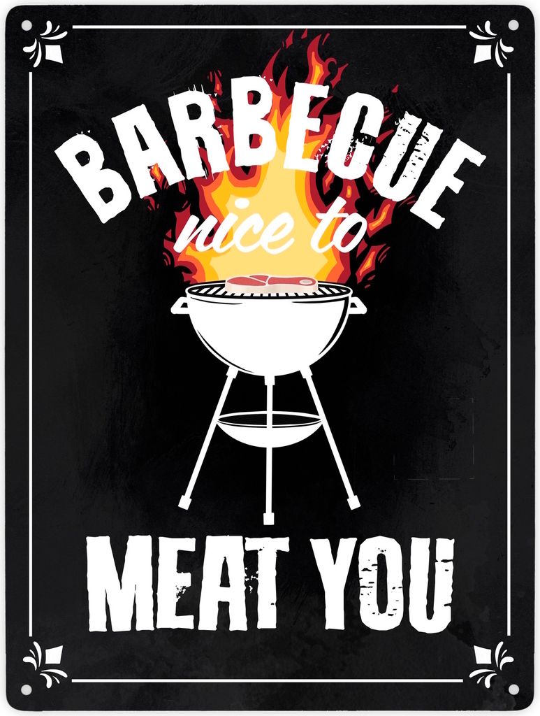 Barbecue - nice to meat you Metallschild XXL in 28x38 cm mit Grill