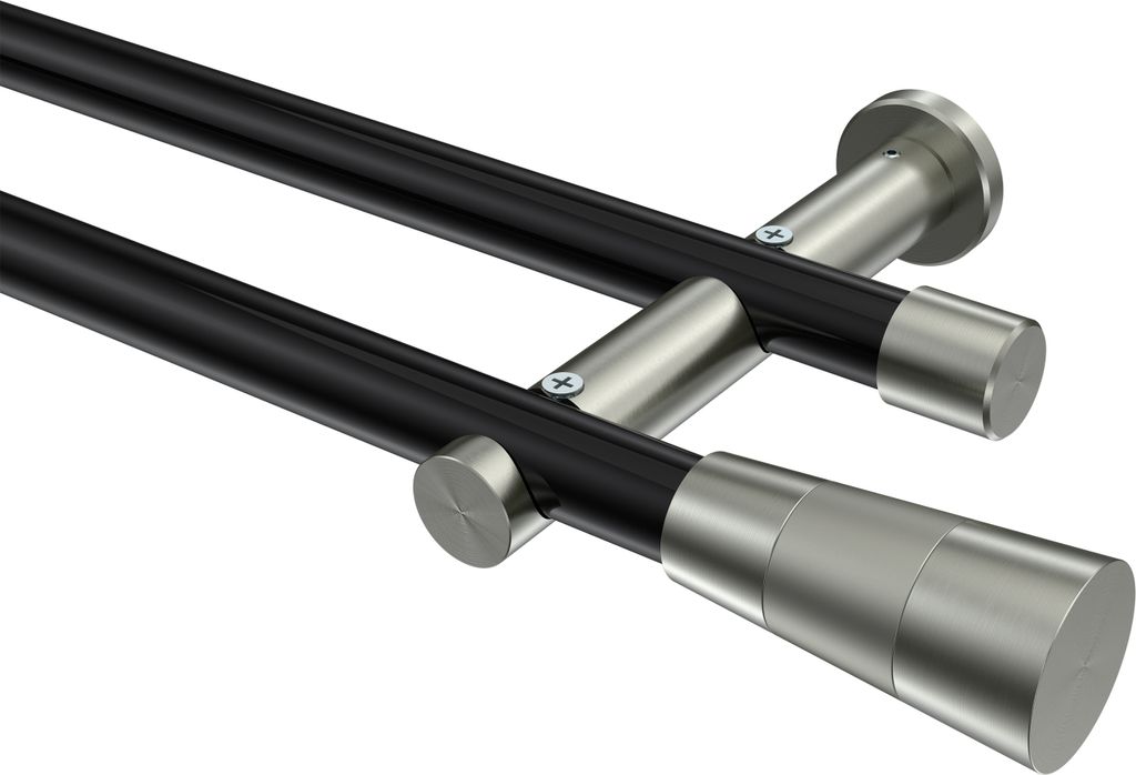Interdeco Gardinenstange / Vorhangstange Schwarz / Edelstahl-Optik, Typ Platon Tanara (Konus Bicolor) ohne Ringe, 20 mm Ø 2-läufig, 420 cm