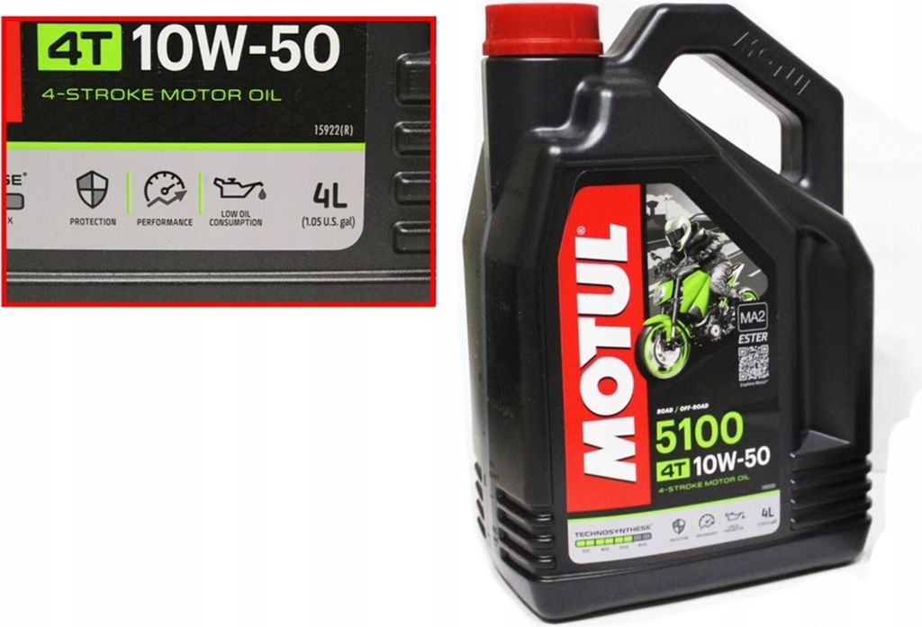 A black plastic container of Motul 5100 4T 10W-50 4-stroke motor oil is shown against a white background. A close-up inset shows details of the label.