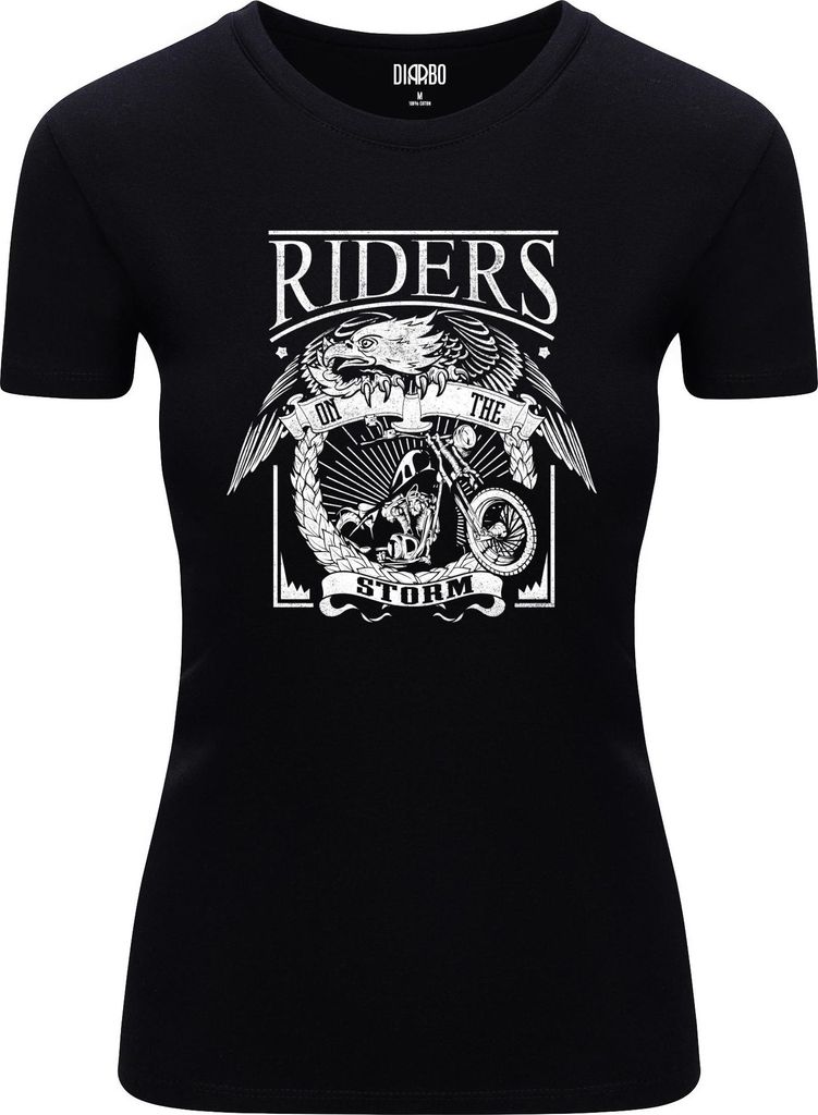 Diarbo Damen T-Shirt mit Motorliebhaber Druck „Riders on the Storm” Schwarz Gr.L