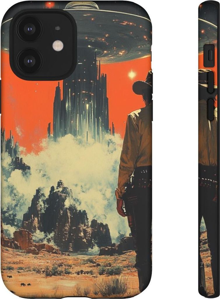 Cowboy trifft auf futurisches UFO in Wüstenlandschaft – Hülle Kompatibel mit iPhone 12