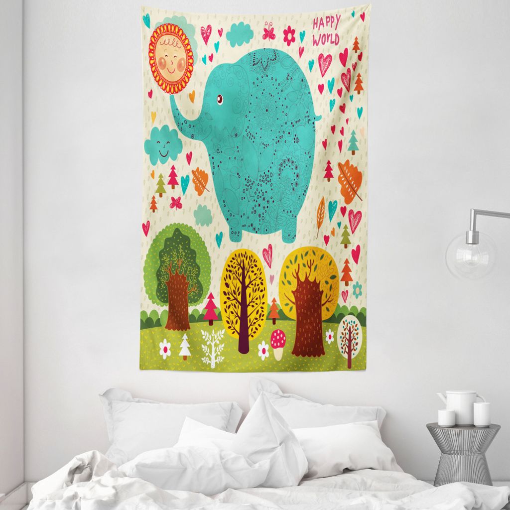 ABAKUHAUS Elefant Wandteppich und Tagesdecke, Doodle Natur Wald aus Weiches Mikrofaser Stoff Waschbar ohne Verblassen Digitaldruck, 140 x 230 cm, M...