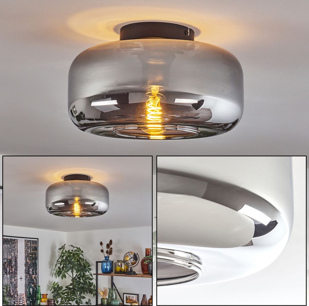 Triest runde Deckenlampe aus Metall/Glas in Schwarz/Rauchfarben