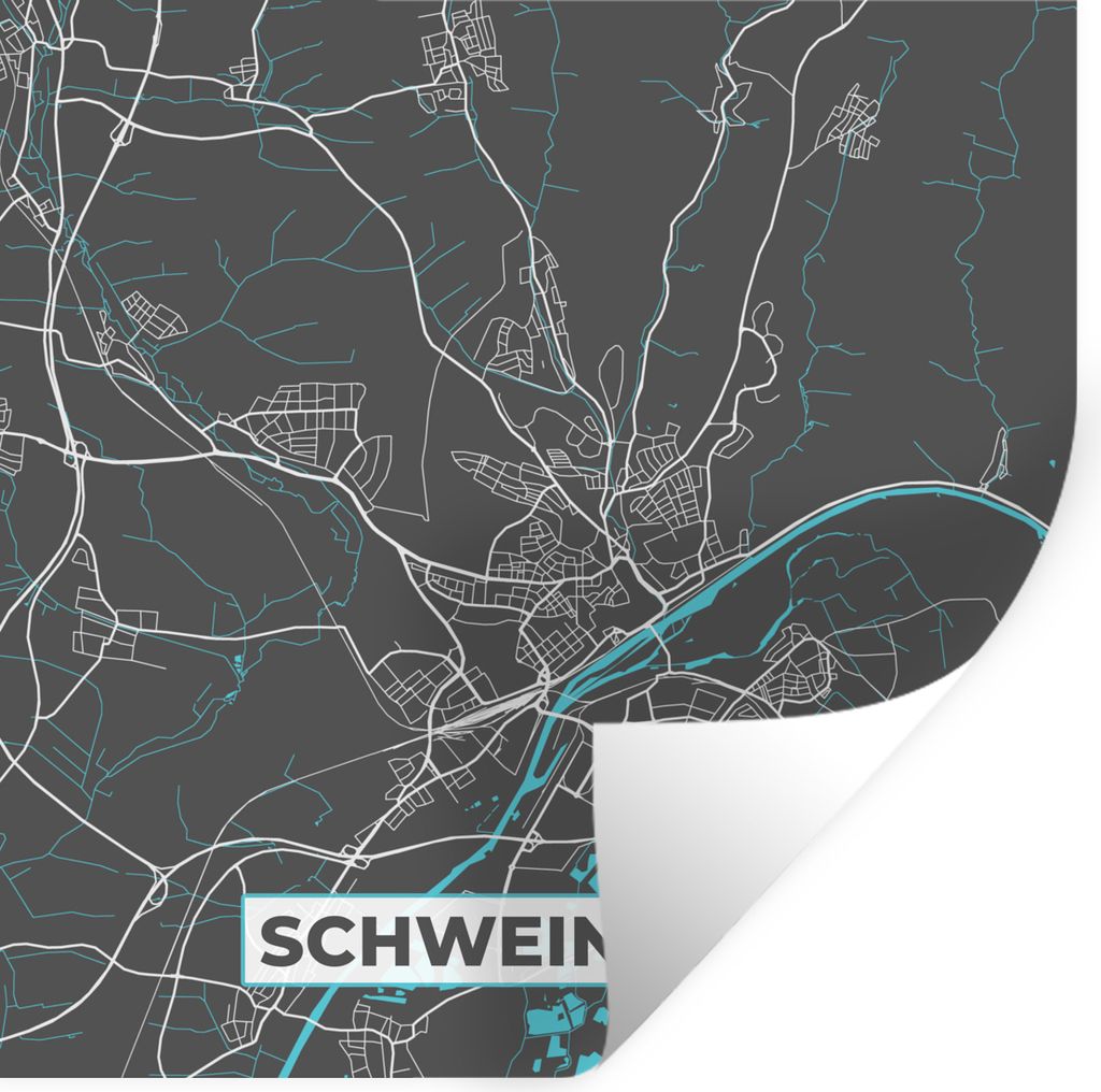 MuchoWow Wandtattoo Wandsticker Wandaufkleber Deutschland - Blau - Schweinfurt - Stadtplan - Karte 30x30 cm Selbstklebend und Repositionierbar - ...
