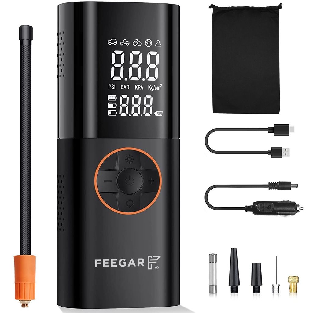 FEEGAR Portable Electric Air Compressor 150PSI Tire Inflator Battery 7800mAh Powerbank & 12V DC USB-C LCD Dual Screen Fahrradpumpe Elektrisch, Akku