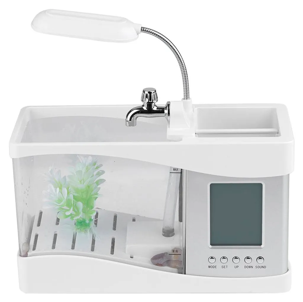 Aquarium décoratif pour table de nuit avec horloge et lumière LED USB - 4