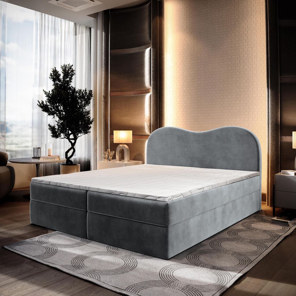 Masseno Boxspringbett FLUVIA M 160x200 cm Komplett-Set mit Bonell Matratze und Topper, Polsterbett mit Bettkästen -Grau, MONOLITH 85