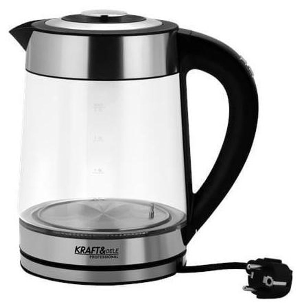 A studio shot of a glass electric kettle with a black handle and a silver base, connected to a power cord and plug.